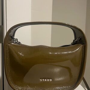 Staud Olive Green Mini Crescent Bag with Glossy Finish